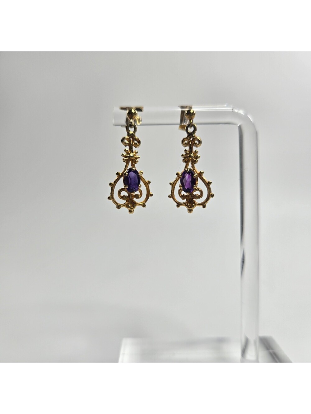 Vintage 9K Gold Amethyst Drop Earrings Ornate Fleur de Lis Dangle Pierced 375